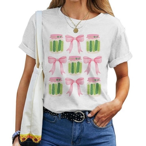 Coquette Canned Pickle Bows With Cute Pickle Jar Girl Unisex T-shirt - Picture 1 of 4